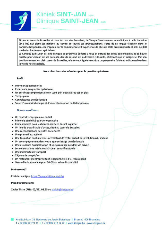 La Clinique Saint-Jean à Bruxelles cherche des infirmiers (m/f) pour le quartier opératoire