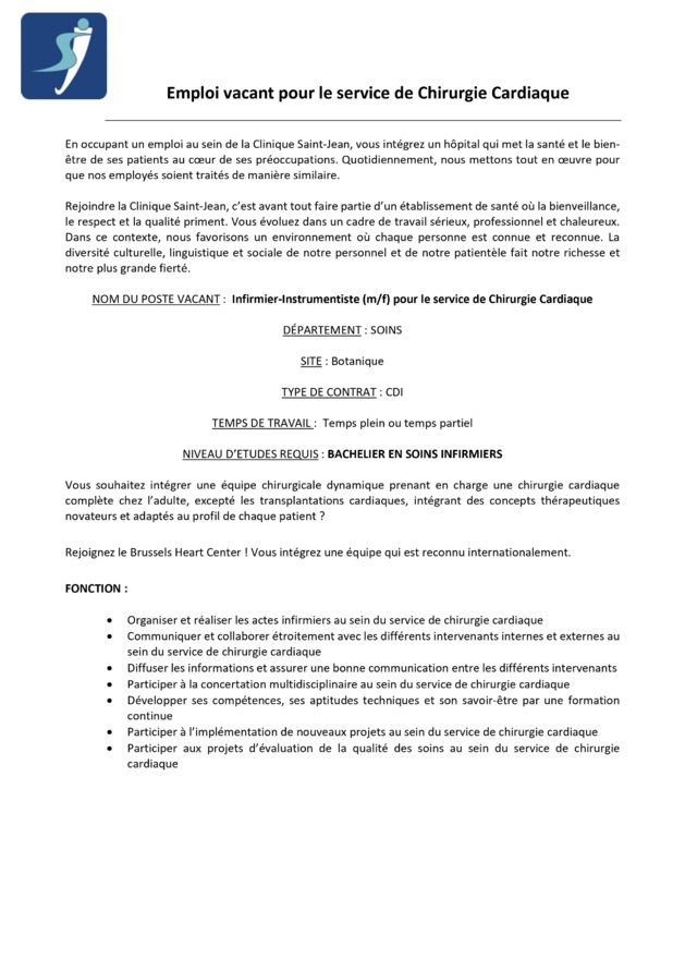 Clinique Saint-Jean - Emploi vacant d'infirmier instrumentiste (m/f) pour le service de Chirurgie Cardiaque