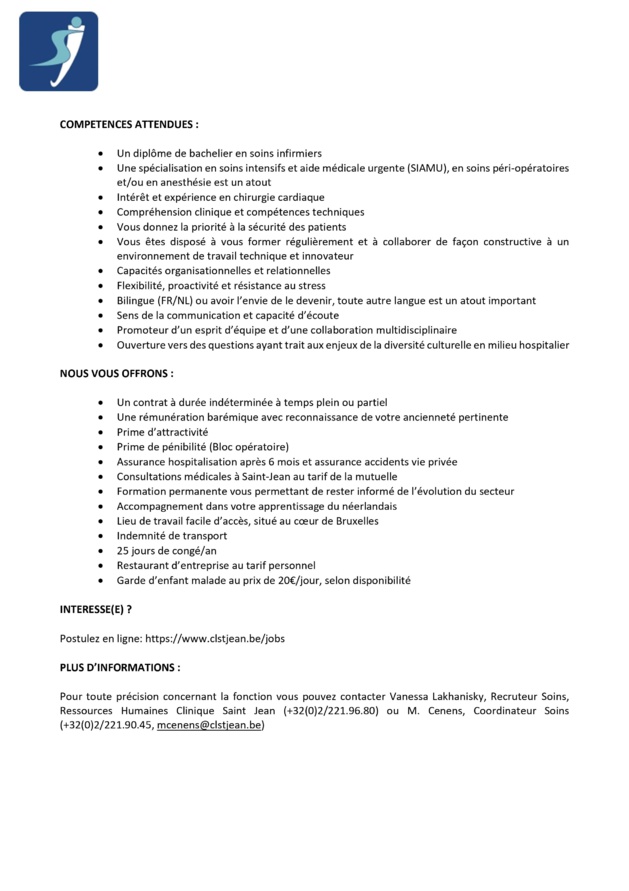 Clinique Saint-Jean - Emploi vacant d'infirmier instrumentiste (m/f) pour le service de Chirurgie Cardiaque