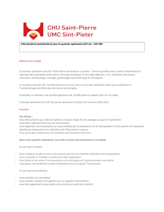 Le CHU Saint-Pierre (Bruxelles) engage un(e) Infirmier(ère) bachelier(ère) pour le quartier opératoire (h/f/x) – CDI 38H