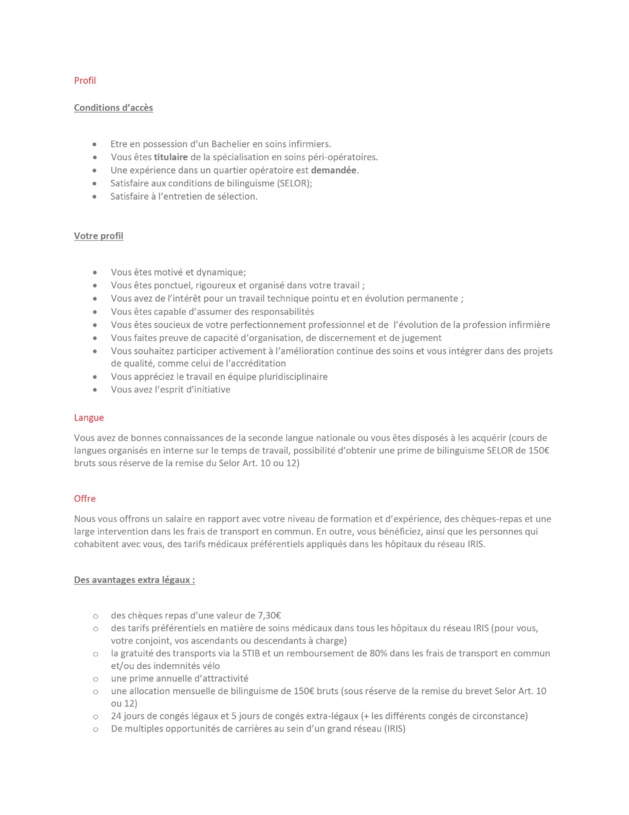 Le CHU Saint-Pierre (Bruxelles) engage un(e) Infirmier(ère) bachelier(ère) pour le quartier opératoire (h/f/x) – CDI 38H