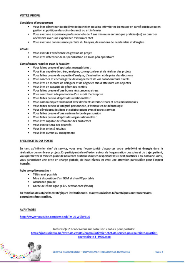 Les Cliniques universitaires Saint-Luc recrutent un (h/f) infirmier chef de service pour la filière quartier opératoire