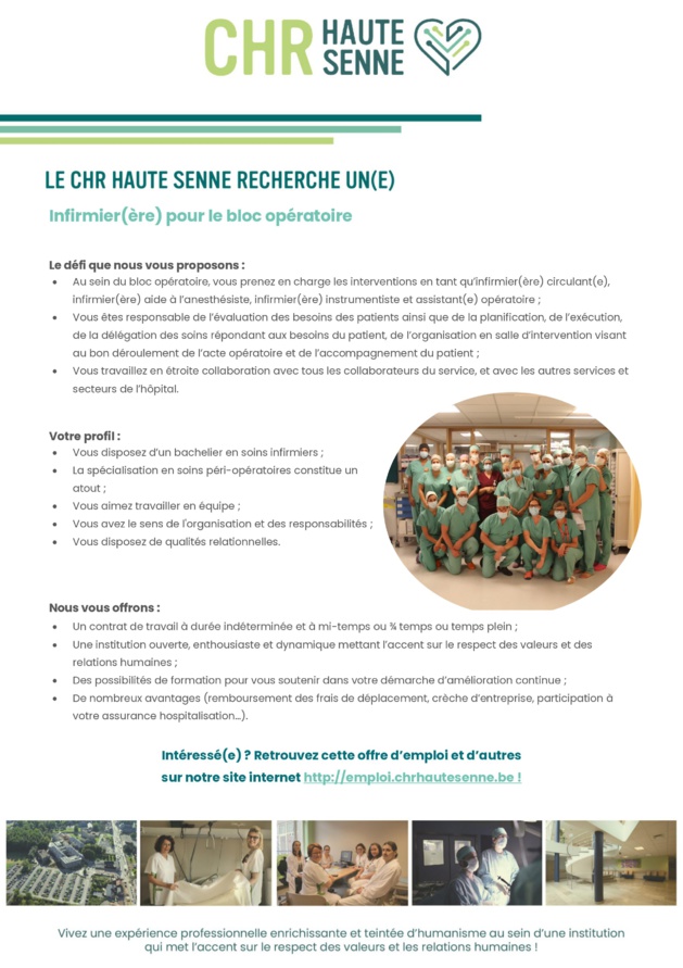 Le CHR Haute Senne recherche un(e) infirmier(ère) pour le bloc opératoire
