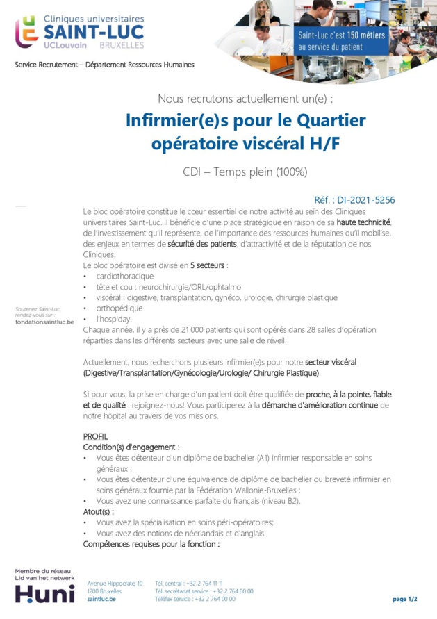 Les Cliniques universitaires Saint-Luc recrute un (h/f) infirmier pour le quartier opératoire viscéral