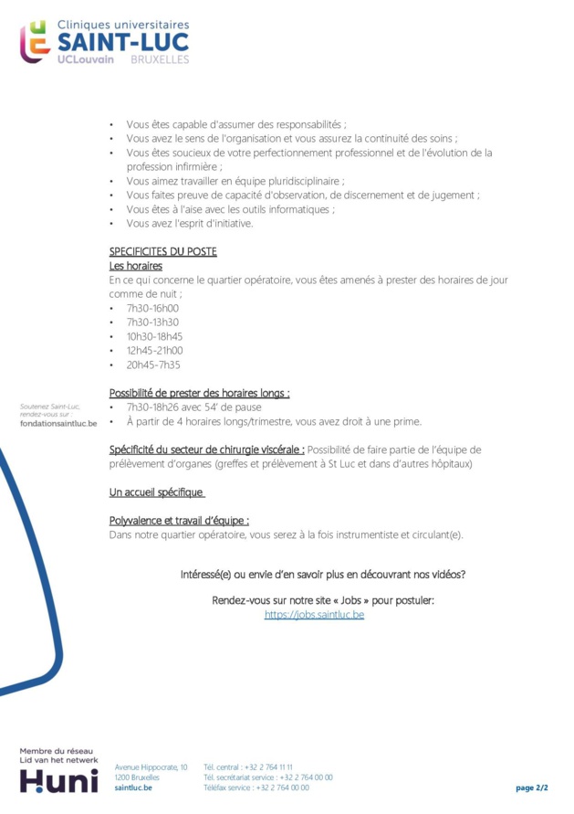 Les Cliniques universitaires Saint-Luc recrute un (h/f) infirmier pour le quartier opératoire viscéral