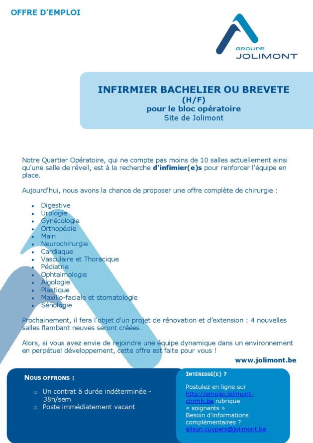 L'Hôpital de Jolimont recherche un infirmier bachelier ou breveté (h/f) pour le bloc opératoire