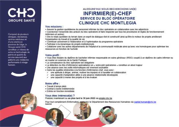Le  Groupe Santé CHC recherche un(e) infirmièr(e) chef au bloc opératoire de la Clinique CHC Montlégia