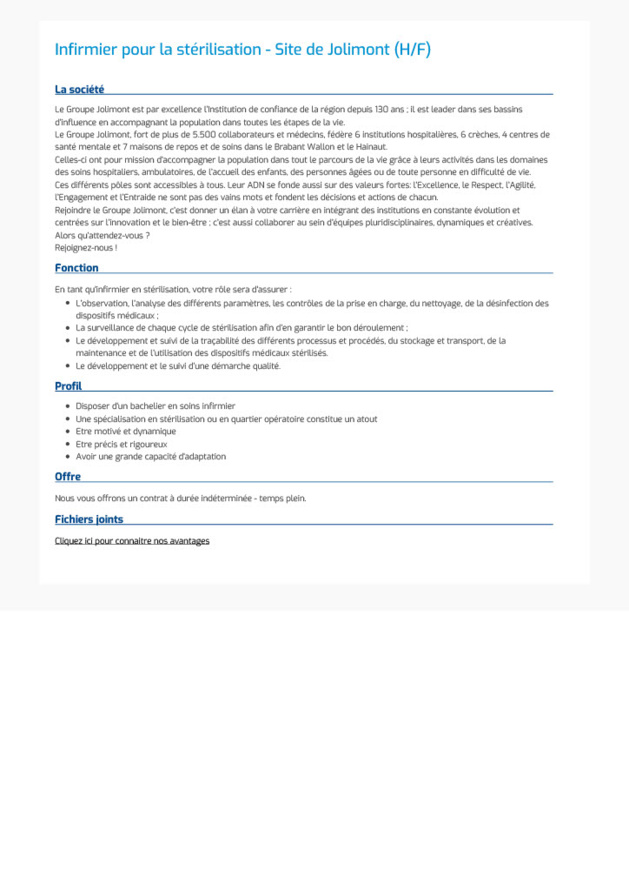 Le Groupe Jolimont recrute un (m/f) infirmier pour la stérilisation - site Jolimont