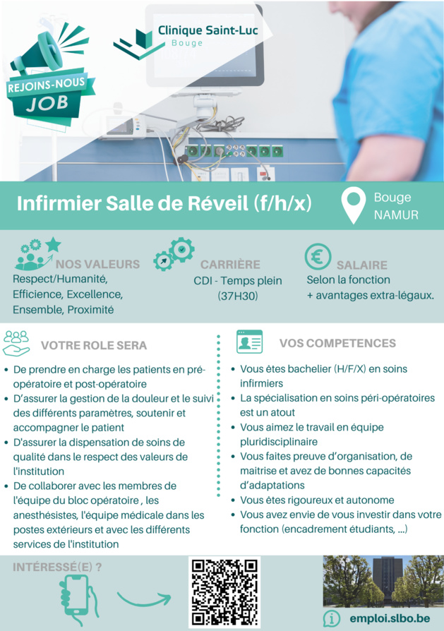 La Clinique Saint-Luc de Bouge recherche un (f/h/x) infirmier de salle de réveil