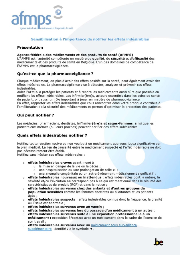 L’Agence fédérale des médicaments et produits de santé souhaite sensibiliser les infirmier(ère)s à l’importance de notifier les effets indésirables.