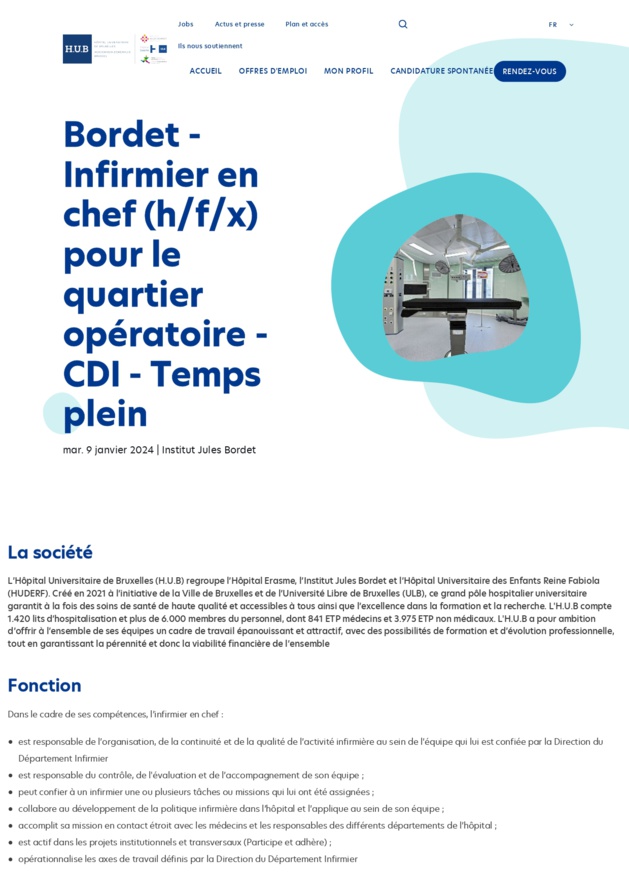 L'Institut Jules Bordet recrute un infirmier en chef (h/f/x) pour le quartier opératoire - CDI - Temps plein