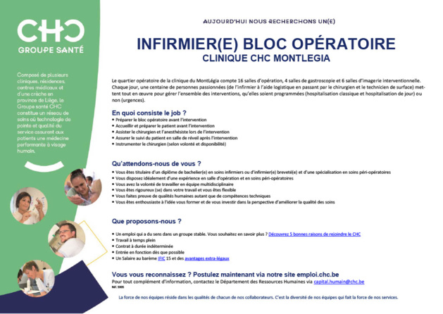 La Clinique CHC Montlegia recrute un(e) infirmièr(e) de bloc opératoire