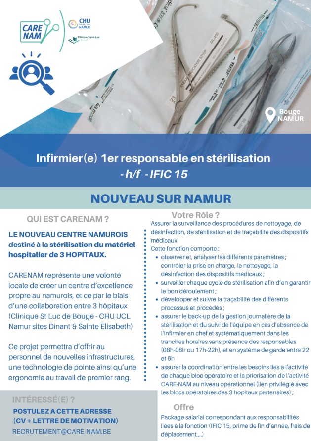 CARE-NAM recrute un infirmier (m/f) de stérilisation (IFIC 15) CARE-NAM recrute un infirmier (m/f) de stérilisation (IFIC 15)