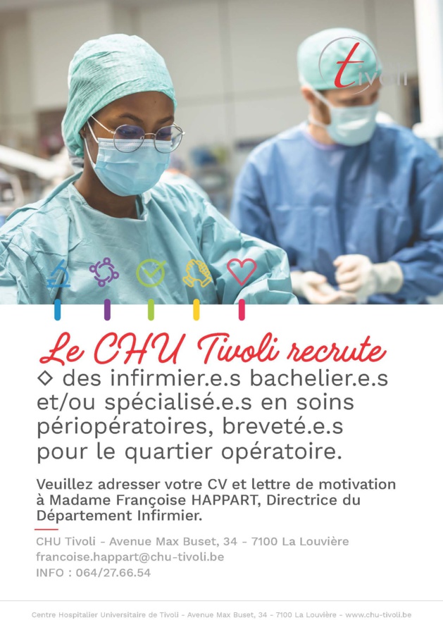 Le CHU Tivoli recrute des infirmiers (m/f) bacheliers et/ou spécialisés en soins périopératoires, brevetés pour le quartier opératoire Le CHU Tivoli recrute des infirmiers (m/f) bacheliers et/ou spécialisés en soins périopératoires, brevetés pour le quartier opératoire