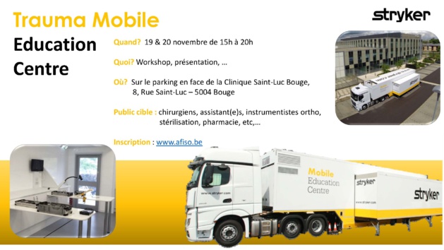 Le camion STRYKER est de retour à Bouge et propose une formation sur leur nouvelle instrumentation fémur/humérus T2 Alpha Le camion STRYKER est de retour à Bouge et propose une formation sur leur nouvelle instrumentation fémur/humérus T2 Alpha