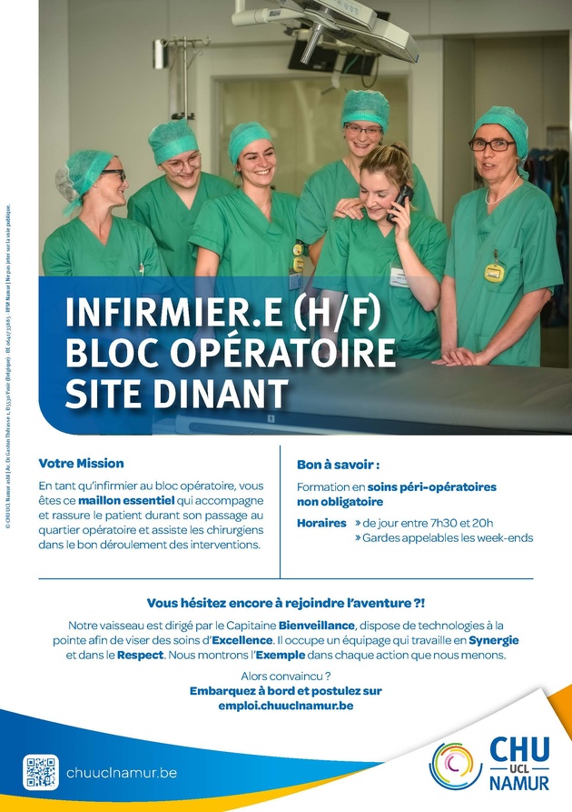 Le CHU UCL Namur - site Dinant - recrute un.e infirmier.e de bloc opératoire Le CHU UCL Namur - site Dinant - recrute un.e infirmier.e de bloc opératoire