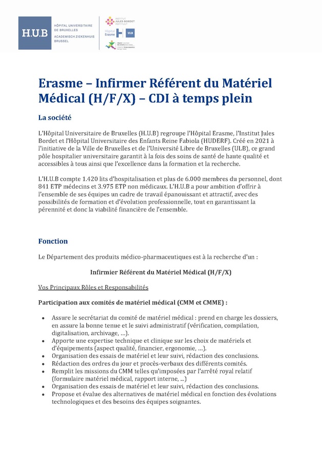 L'Hôpital Erasme (HUB) recherche un infirmier référent du matériel médical (H/F/X) L'Hôpital Erasme (HUB) recherche un infirmier référent du matériel médical (H/F/X)