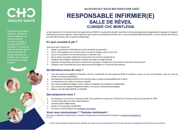 La Clinique CHC Montlégia recherche un (m/f) responsable infirmier pour sa salle de réveil La Clinique CHC Montlégia recherche un (m/f) responsable infirmier pour sa salle de réveil