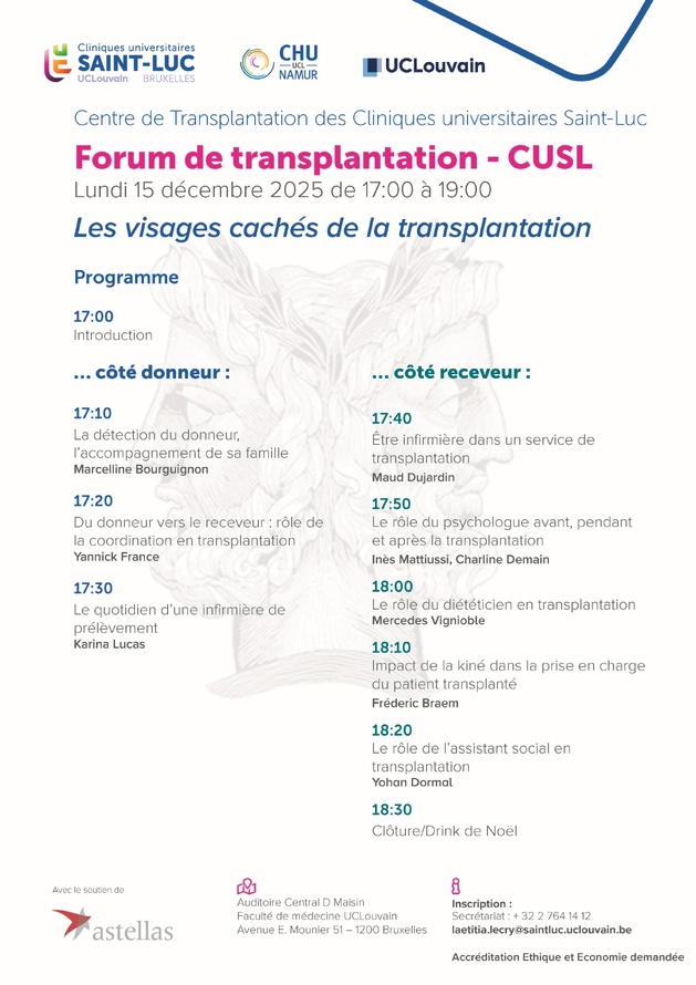 Lundi 15 décembre 2025 : Forum de transpntation CUSL - Les visages cachés de la transplantation