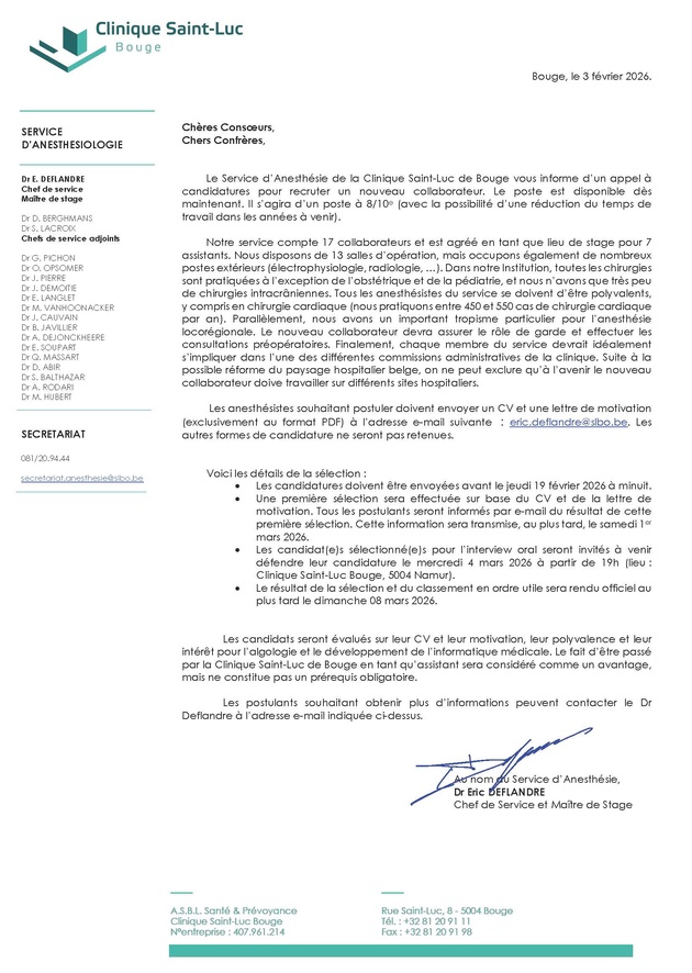 Le Service d’Anesthésie de la Clinique Saint-Luc de Bouge vous informe d’un appel à candidatures pour recruter un nouveau collaborateur. Le Service d’Anesthésie de la Clinique Saint-Luc de Bouge vous informe d’un appel à candidatures pour recruter un nouveau collaborateur.