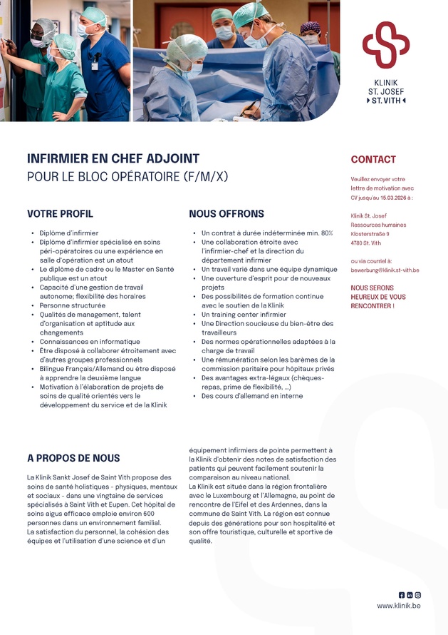 La Klinik St. Josef de St. Vith recrute un infirmier en chef adjoint pour le bloc opératoire (F/M/X)