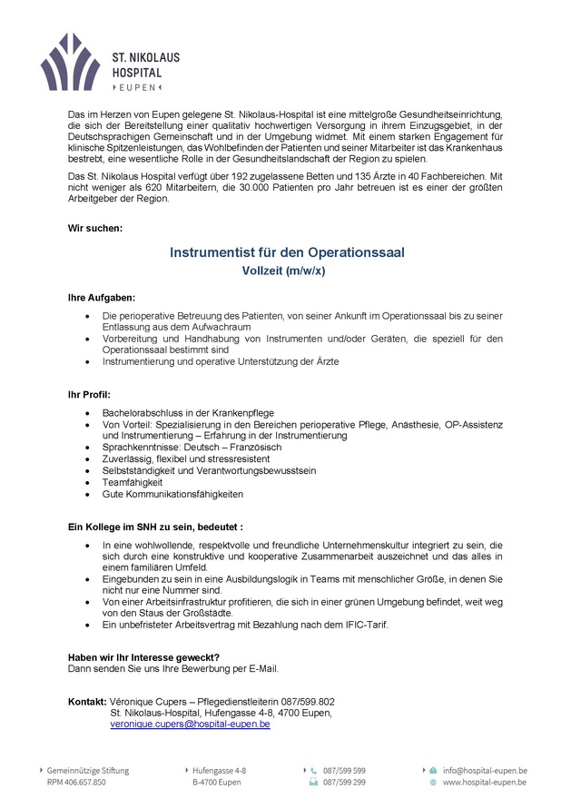 L'Hôpital St. Nikolaus d'Eupen recrute un (m/f/x) infirmier instrumentiste pour le Bloc Opératoire
