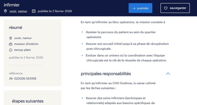 Le CHU Godinne cherche un infirmier de bloc opératoire pour une mission d'intérim (Randstad)
