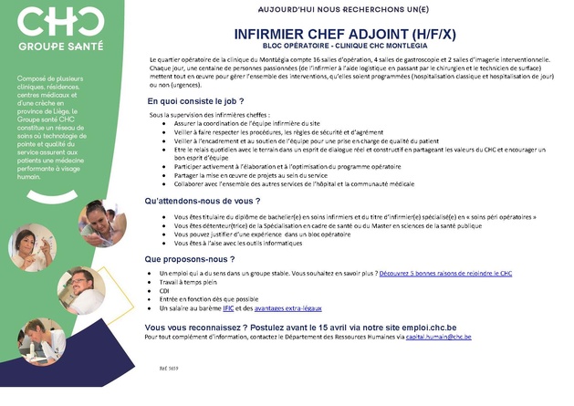 La Clinique CHC Montlégia recherche un infirmier chef adjoint (H/F/X) pour son bloc opératoire
