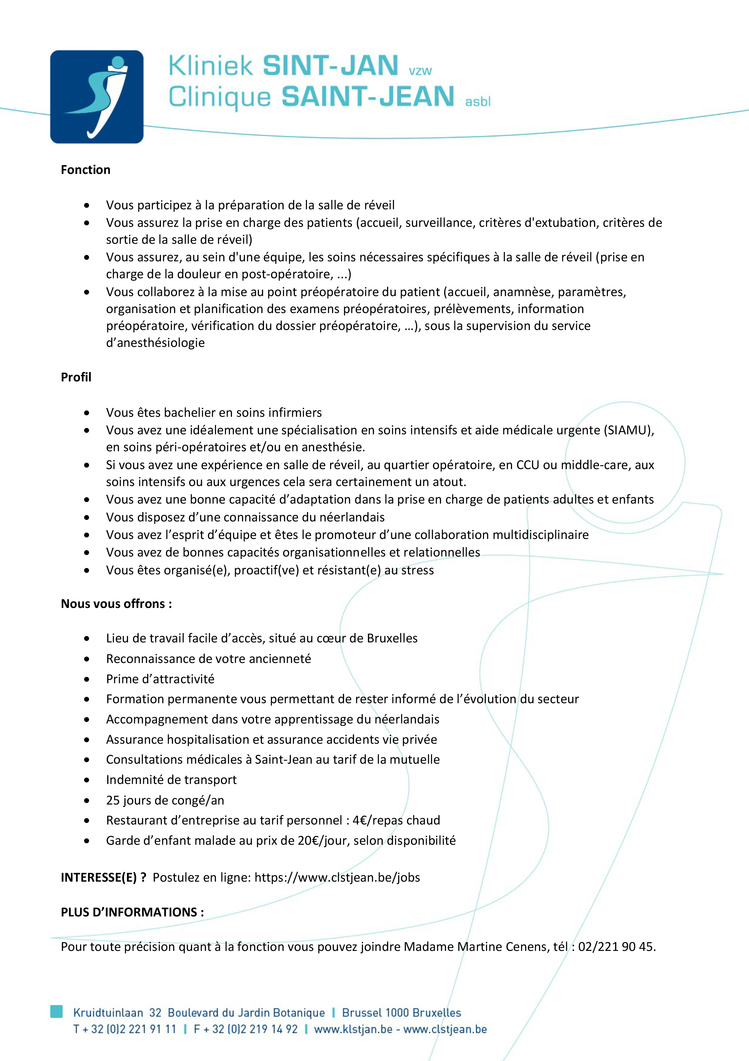 La Clinique Saint-Jean recherche un Infirmier (m/f) pour la salle de réveil et le plateau préopératoire