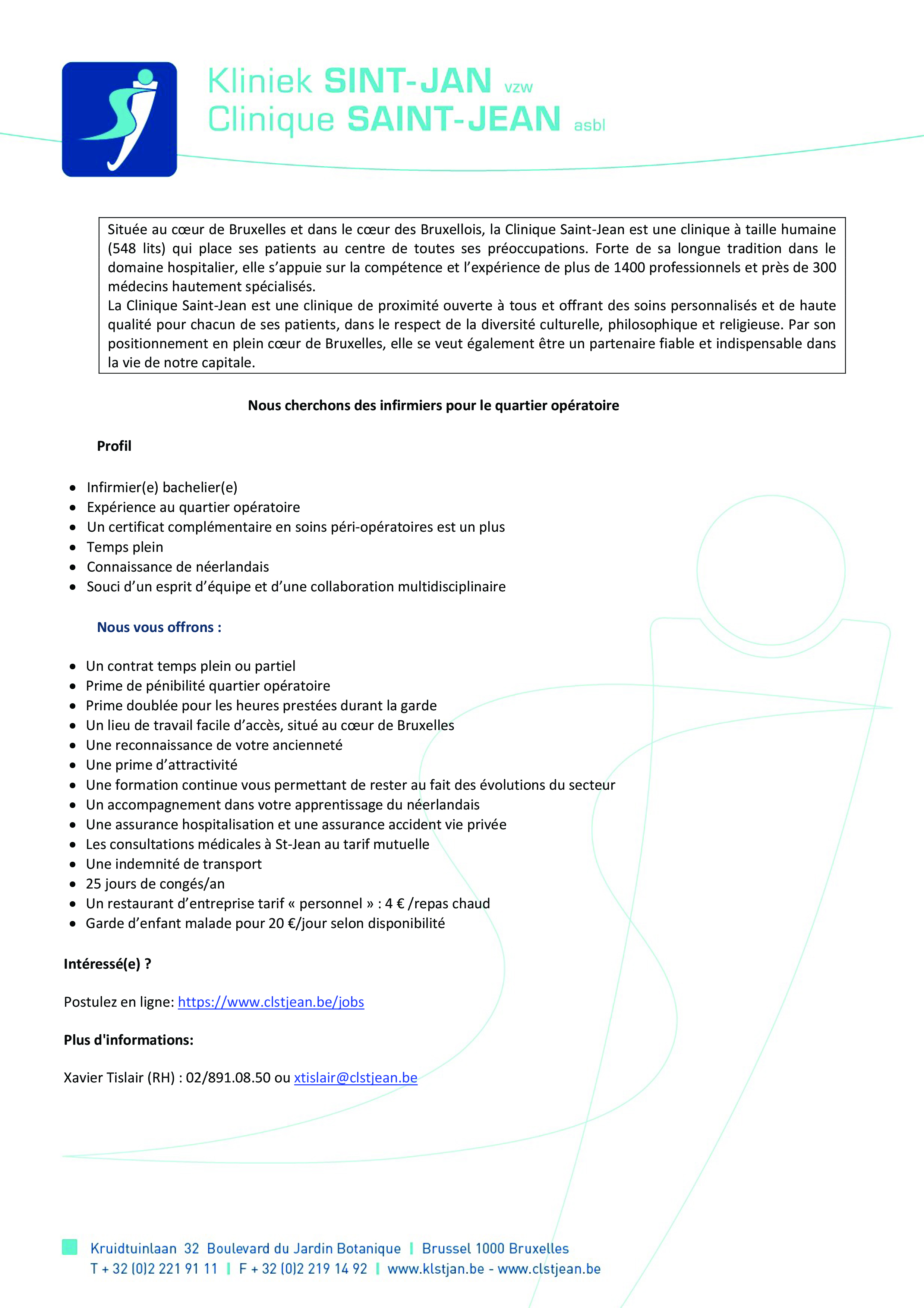 La Clinique Saint-Jean à Bruxelles cherche des infirmiers (m/f) pour le quartier opératoire