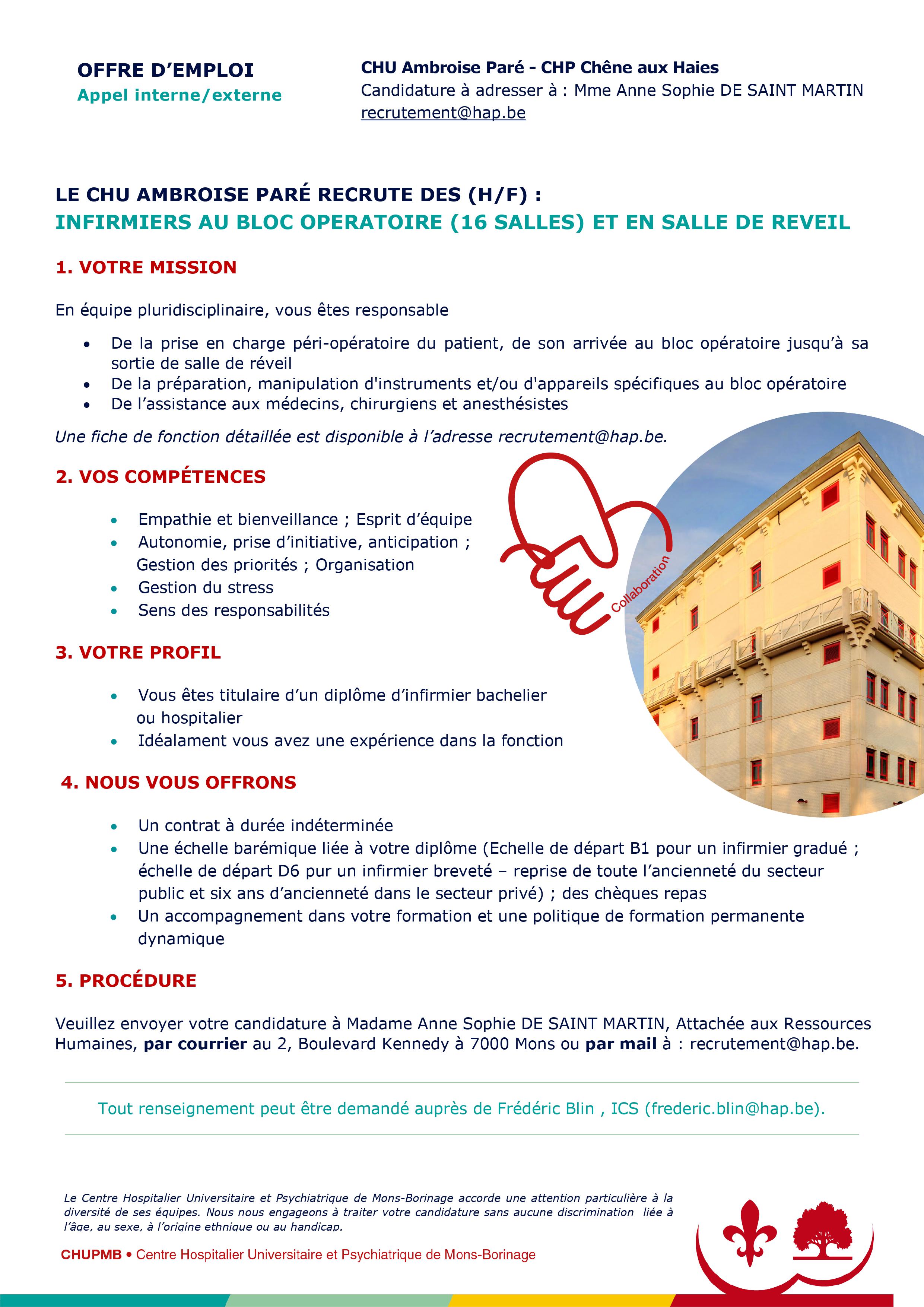 Le CHU Ambroise Parée recrute des (H/F) : infirmiers au bloc opératoire (16 salles) et en salle de réveil