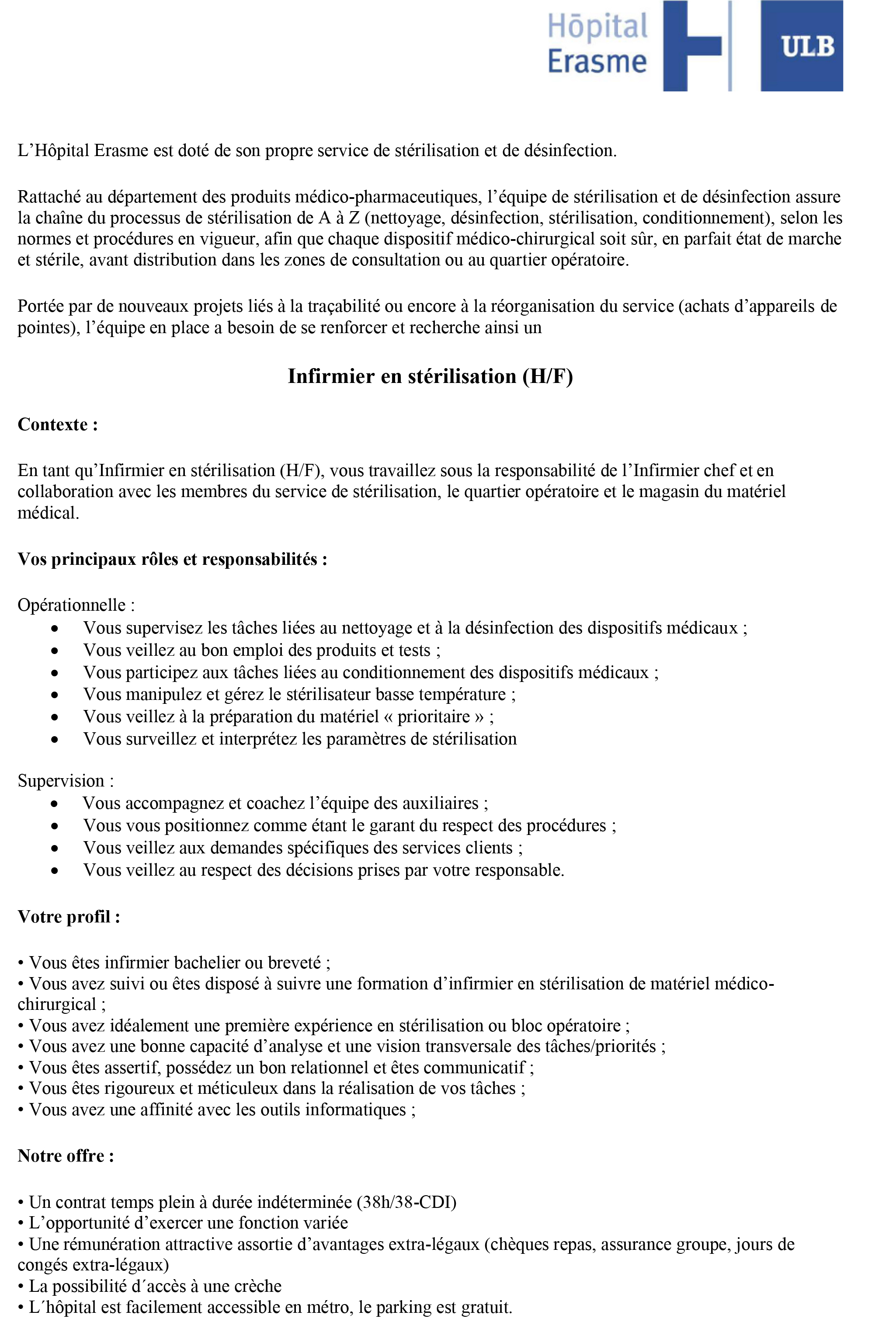 L’Hôpital Erasme recherche un infirmier (H/F) pour le service de stérilisation centrale