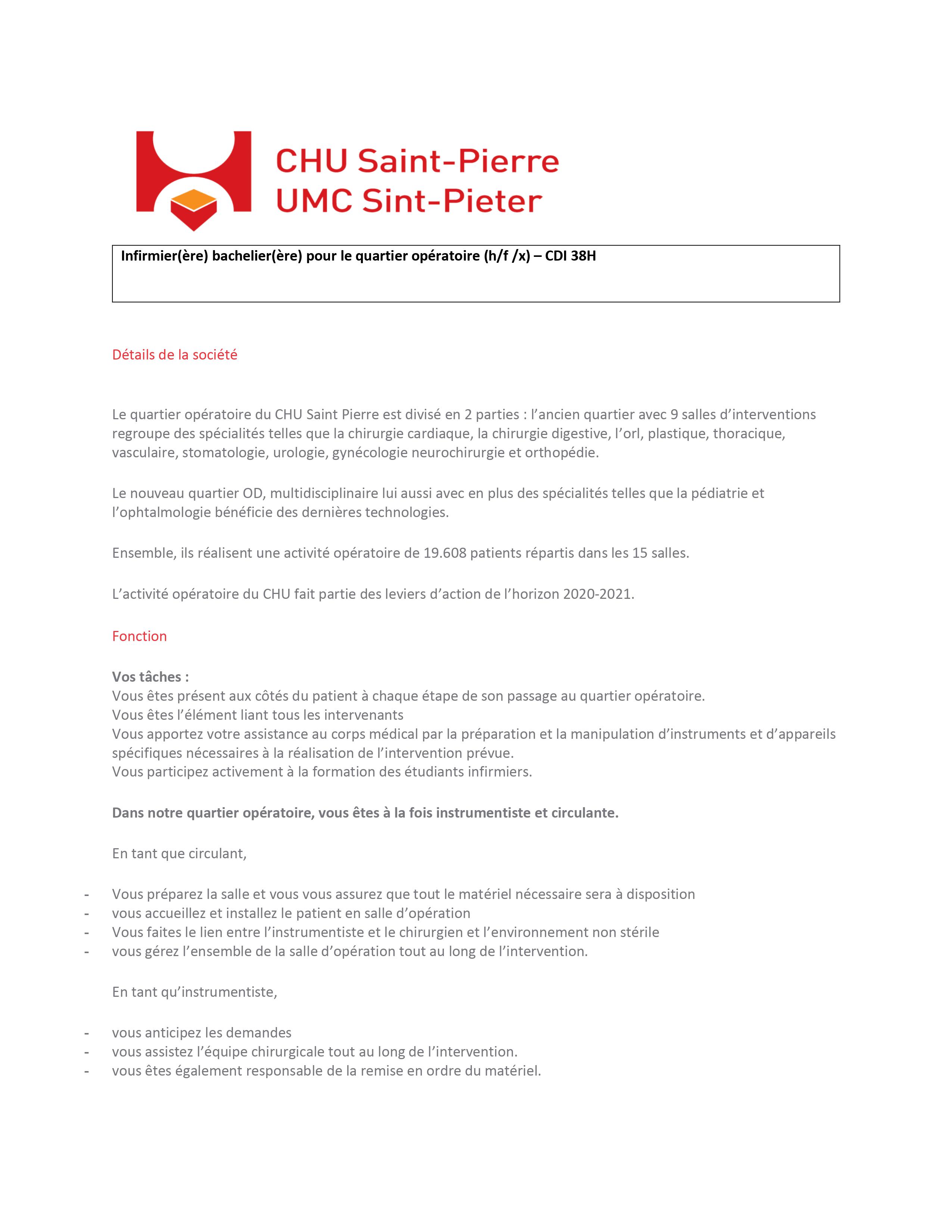 Le CHU Saint-Pierre (Bruxelles) engage un(e) Infirmier(ère) bachelier(ère) pour le quartier opératoire (h/f/x) – CDI 38H