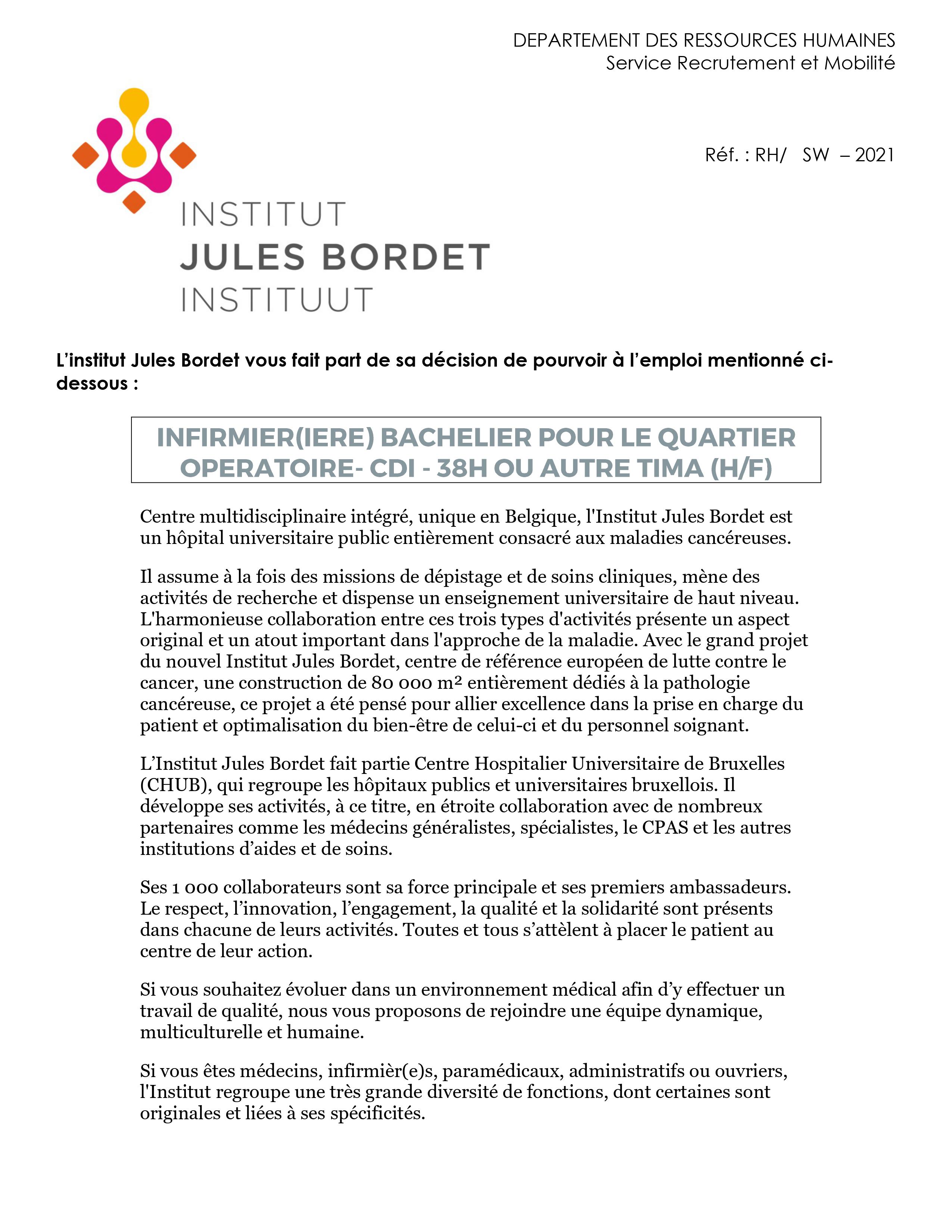 L’institut Jules Bordet engage infirmier (m/f) bachelier pour le quartier opératoire