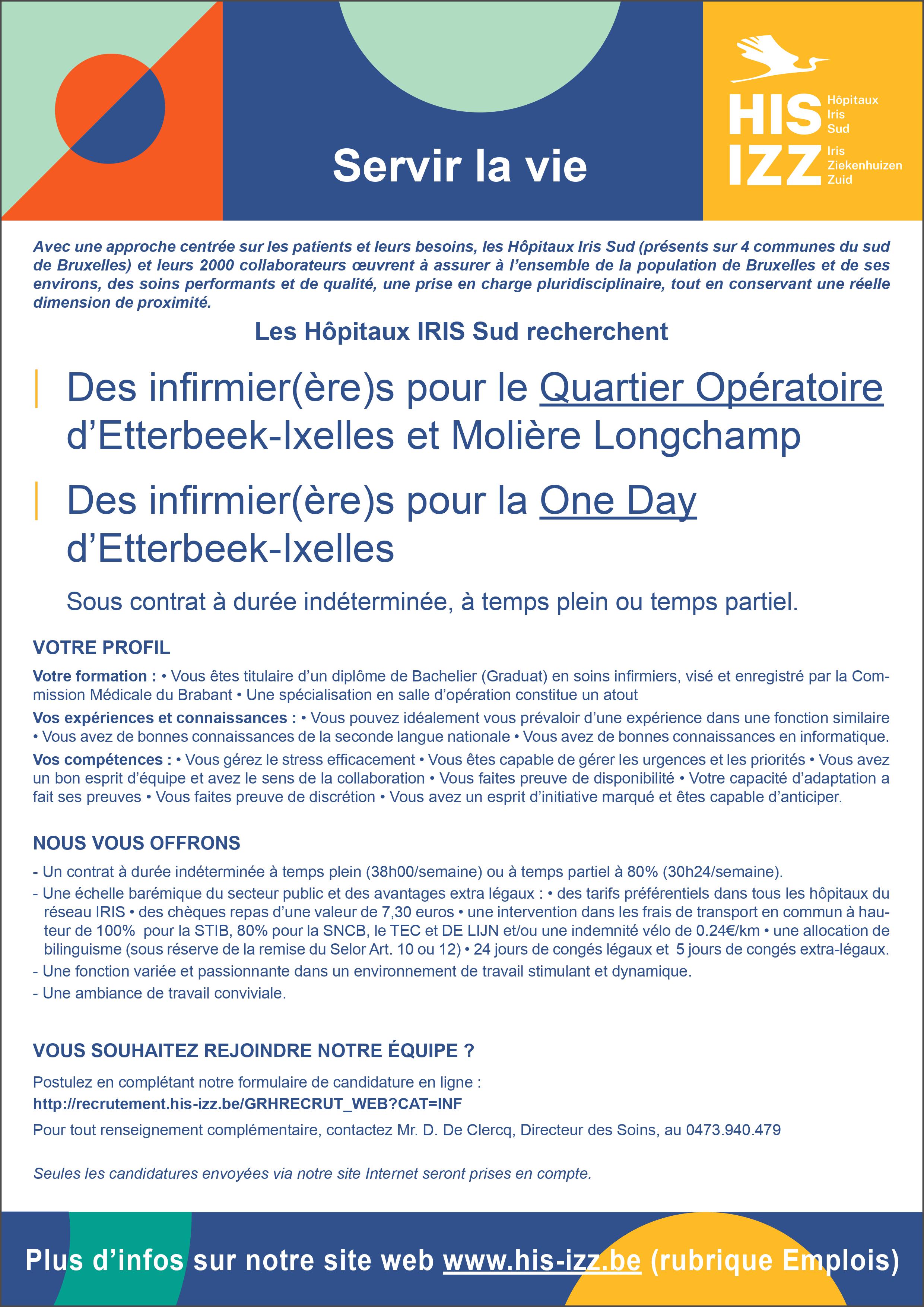 Les Hôpitaux Iris Sud recherchent des infirmiers (h/f) pour le Quartier Opératoire d’Etterbeek-Ixelles et Molière Longchamp et pour la One Day d’Etterbeek-Ixelles