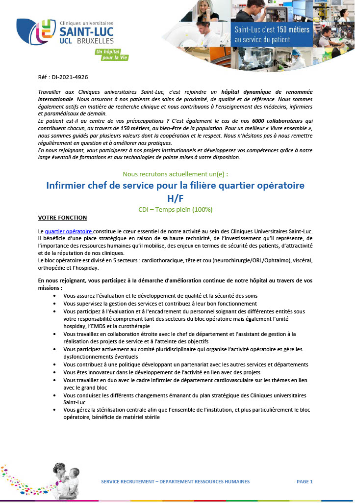 Les Cliniques universitaires Saint-Luc recrutent un (h/f) infirmier chef de service pour la filière quartier opératoire
