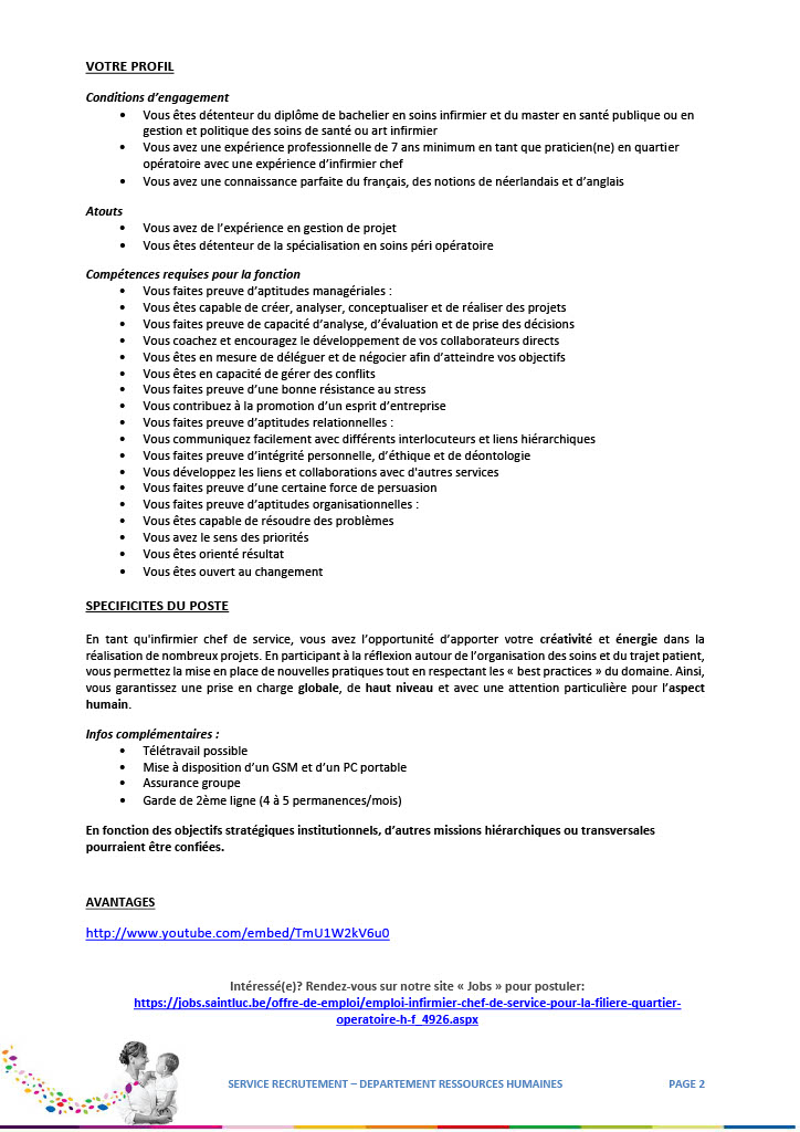 Les Cliniques universitaires Saint-Luc recrutent un (h/f) infirmier chef de service pour la filière quartier opératoire