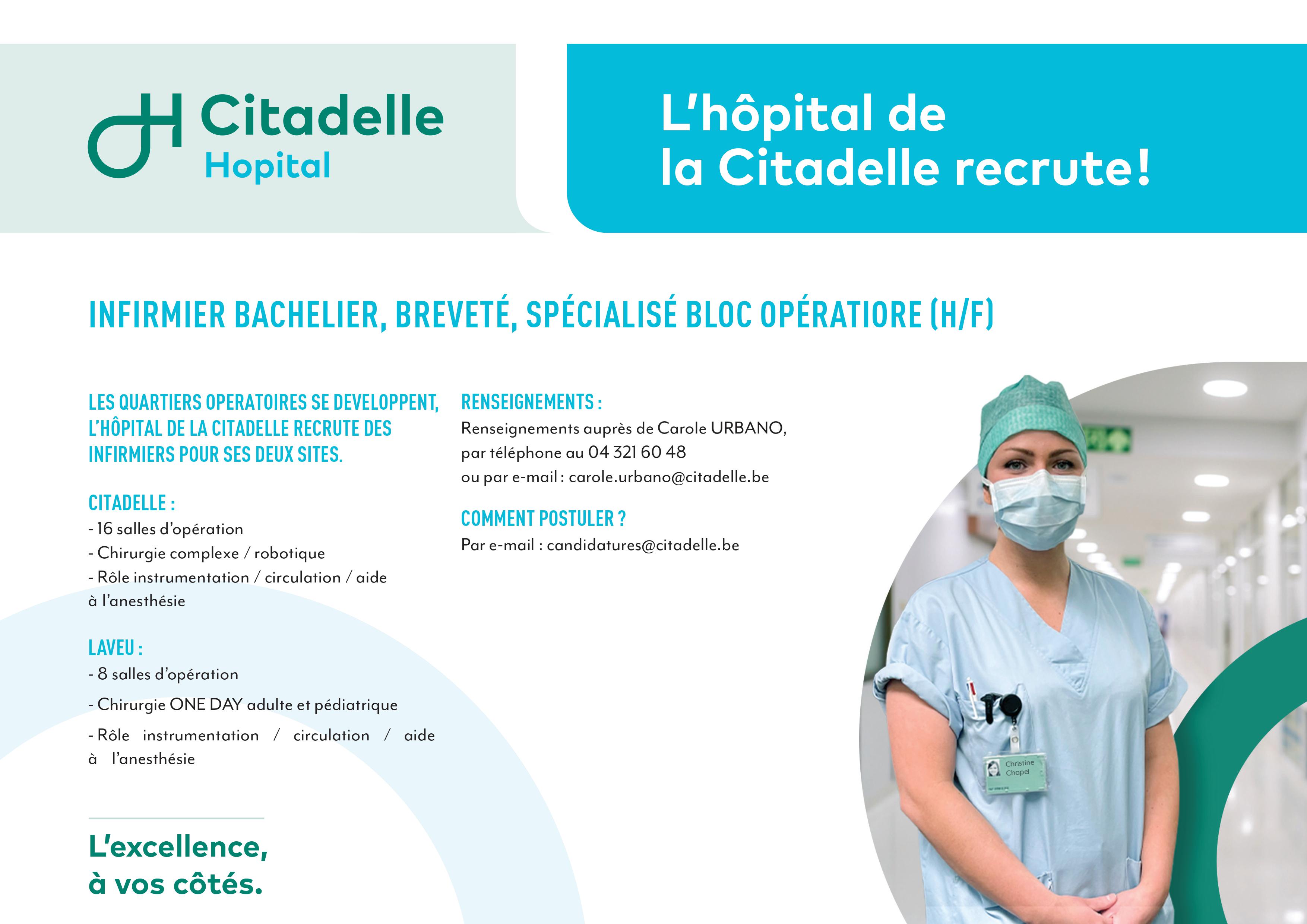 L’hôpital de la Citadelle recrute des infirmiers bacheliers, brevetés, spécialisés bloc opératoire (h/f)