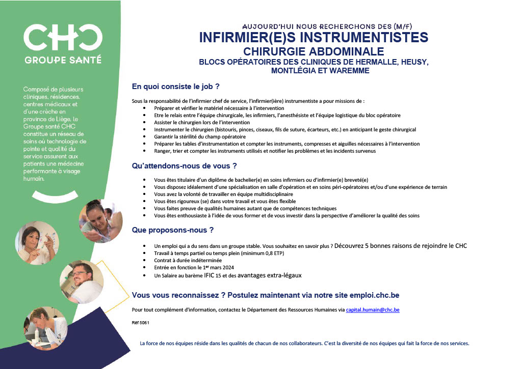 Le CHC Groupe Santé (Liège) recrute des (m/f) infirmier(e)s instrumentistes en chirurgie abdominale pour ses différents sites